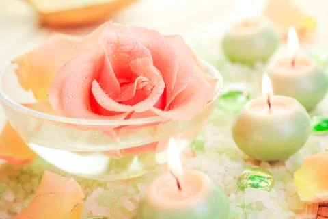 Spa components rose flower bath salt aromatic candles Stock Photos