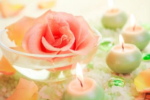 Spa components rose flower bath salt aromatic candles Stock Photos