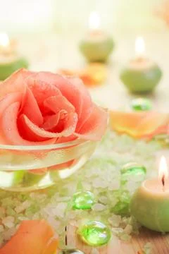 Spa components rose flower bath salt aromatic candles Stock Photos