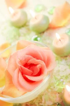 Spa components rose flower bath salt aromatic candles Stock Photos