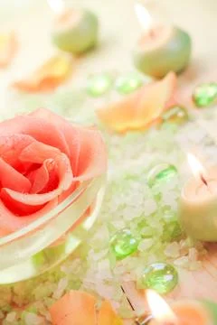 Spa components rose flower bath salt aromatic candles Stock Photos