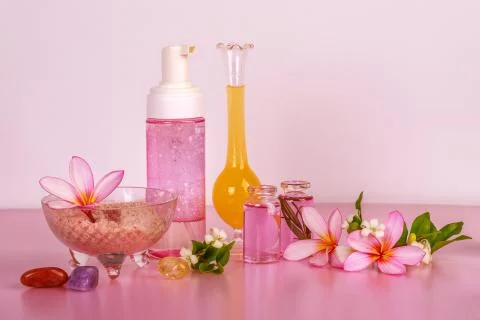 Spa composition with bows with salt, flowers, towel, crystals, soap, oil and Stock Illustration