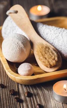 Spa composition with coffee bath bombs and coffee beans. Stock Photos