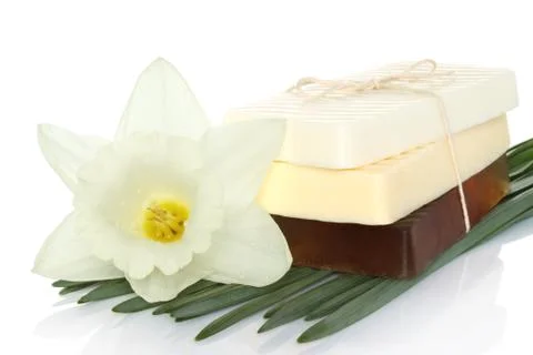 Spa composition of handmade soap,  flower and leaves. Stock Photos
