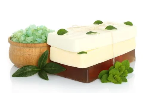 Spa composition of handmade soap, leaves and salt Stock Photos