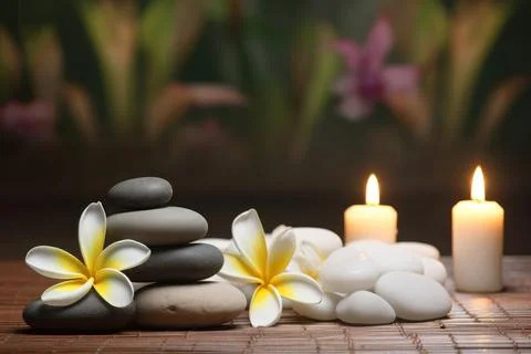 Spa composition on massage with Soft White Towels, Essential Oils, stones, .. Stock Photos