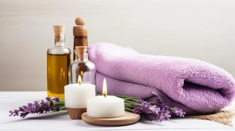 Spa composition on massage with Soft White Towels, Essential Oils, stones, .. Stock Photos