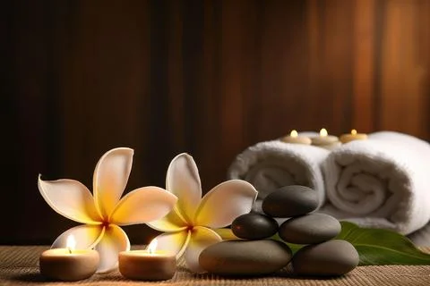 Spa composition on massage with Soft White Towels, Essential Oils, stones, .. Stock Photos