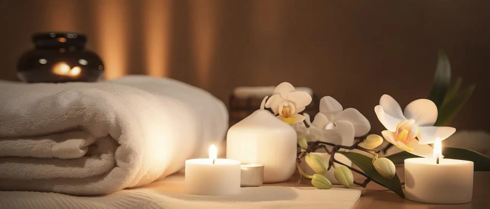 Spa composition on massage with Soft White Towels, Essential Oils, stones, .. Stock Photos