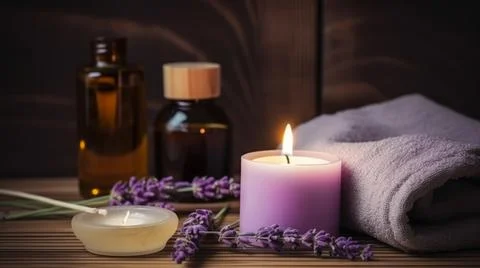 Spa composition on massage with Soft White Towels, Essential Oils, stones, .. Stock Photos