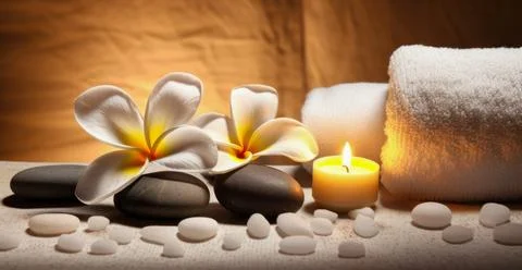 Spa composition on massage with Soft White Towels, Essential Oils, stones, .. Stock Photos