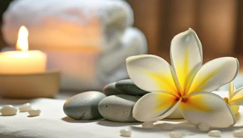 Spa composition on massage with Soft White Towels, Essential Oils, stones, .. Stock Photos