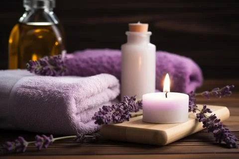 Spa composition on massage with Soft White Towels, Essential Oils, stones, .. Stock Photos