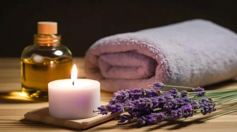 Spa composition on massage with Soft White Towels, Essential Oils, stones, .. Stock Photos
