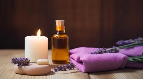 Spa composition on massage with Soft White Towels, Essential Oils, stones, .. Stock Photos