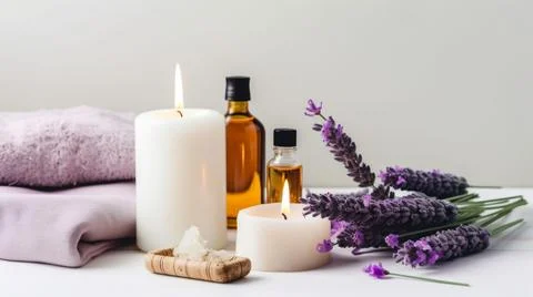 Spa composition on massage with Soft White Towels, Essential Oils, stones, .. Stock Photos