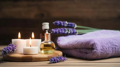 Spa composition on massage with Soft White Towels, Essential Oils, stones, .. Stock Photos