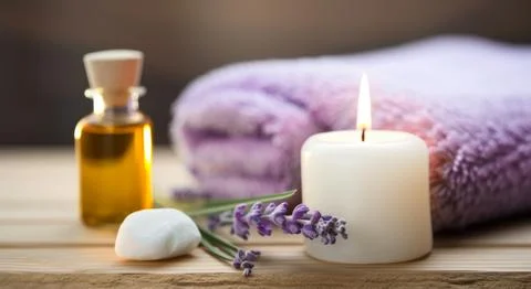 Spa composition on massage with Soft White Towels, Essential Oils, stones, .. Stock Photos