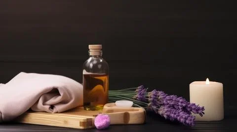 Spa composition on massage with Soft White Towels, Essential Oils, stones, .. Stock Photos