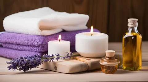 Spa composition on massage with Soft White Towels, Essential Oils, stones, .. Stock Photos