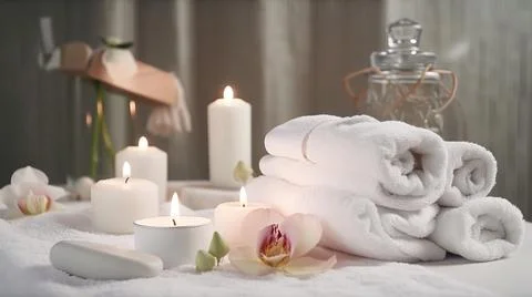 Spa composition on massage with Soft White Towels, Essential Oils, stones, .. Stock Photos