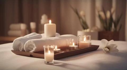 Spa composition on massage with Soft White Towels, Essential Oils, stones, .. Stock Photos
