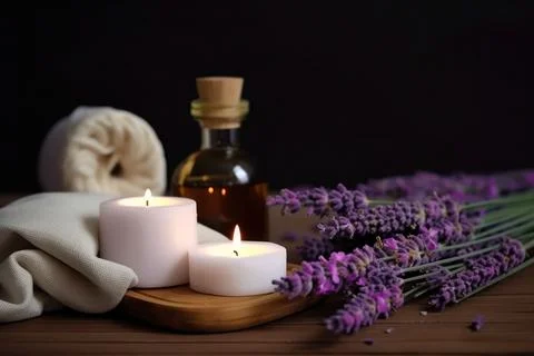 Spa composition on massage with Soft White Towels, Essential Oils, stones, .. Stock Photos