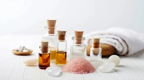 Spa composition on massage with Soft White Towels, Essential Oils, stones, .. Stock Photos