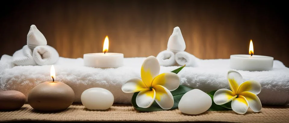 Spa composition on massage with Soft White Towels, Essential Oils, stones, .. Stock Photos