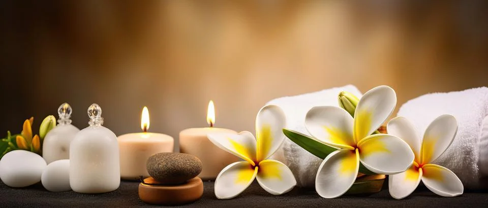 Spa composition on massage with Soft White Towels, Essential Oils, stones, .. Stock Photos