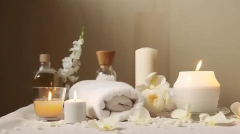 Spa composition on massage with Soft White Towels, Essential Oils, stones, .. Stock Photos
