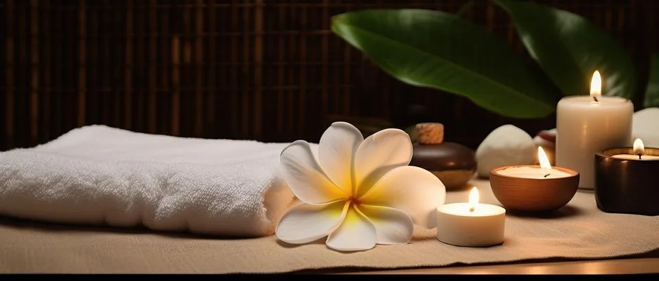Spa composition on massage with Soft White Towels, Essential Oils, stones, .. Stock Photos