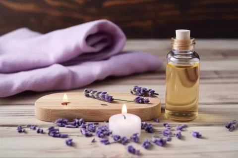 Spa composition on massage with Soft White Towels, Essential Oils, stones, .. Stock Photos