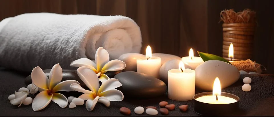 Spa composition on massage with Soft White Towels, Essential Oils, stones, .. Stock Photos