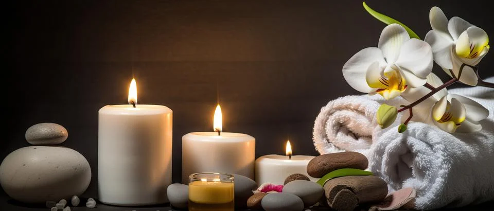 Spa composition on massage with Soft White Towels, Essential Oils, stones, .. Stock Photos