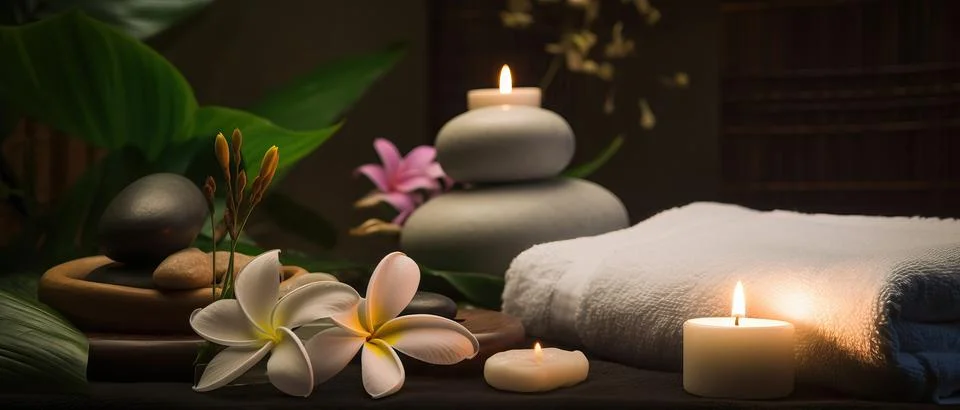 Spa composition on massage with Soft White Towels, Essential Oils, stones, .. Stock Photos