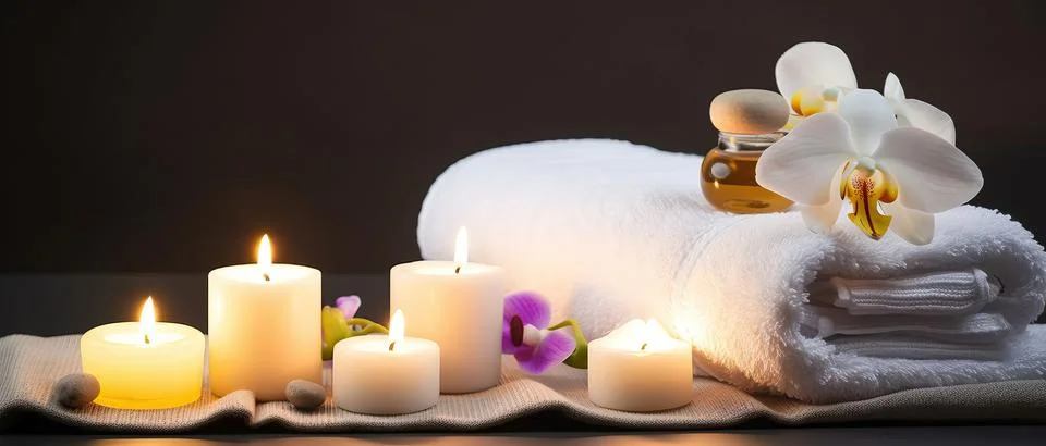 Spa composition on massage with Soft White Towels, Essential Oils, stones, .. Stock Photos