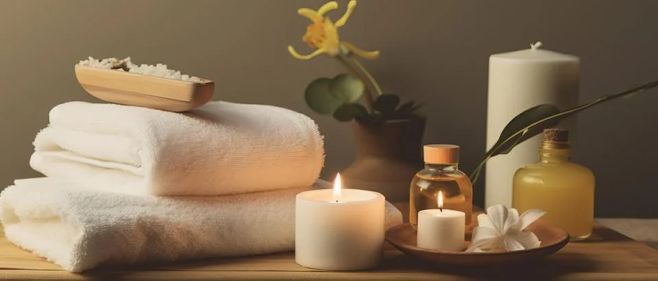 Spa composition on massage with Soft White Towels, Essential Oils, stones, .. Stock Photos