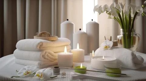 Spa composition on massage with Soft White Towels, Essential Oils, stones, .. Stock Photos