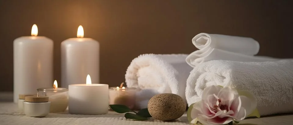 Spa composition on massage with Soft White Towels, Essential Oils, stones, .. Stock Photos