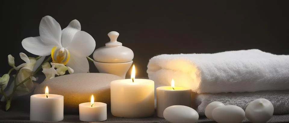 Spa composition on massage with Soft White Towels, Essential Oils, stones, .. Stock Photos