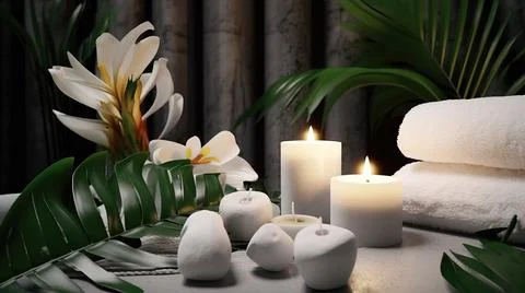Spa composition on massage with Soft White Towels, Essential Oils, stones, .. Stock Photos
