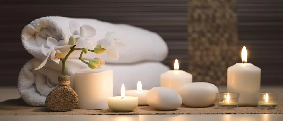 Spa composition on massage with Soft White Towels, Essential Oils, stones, .. Stock Photos