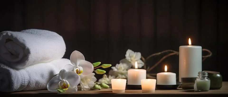 Spa composition on massage with Soft White Towels, Essential Oils, stones, .. Stock Photos