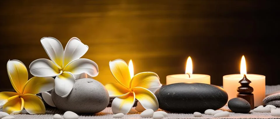 Spa composition on massage with Soft White Towels, Essential Oils, stones, .. Stock Photos