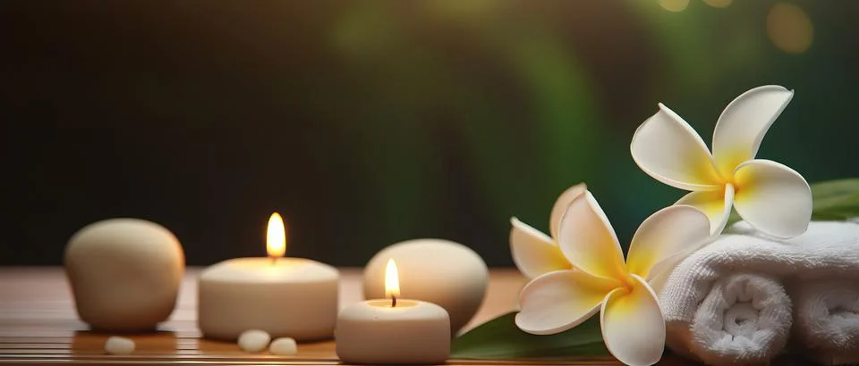 Spa composition on massage with Soft White Towels, Essential Oils, stones, .. Stock Photos