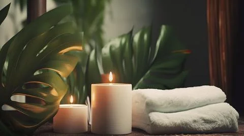 Spa composition on massage with Soft White Towels, Essential Oils, stones, .. Stock Photos