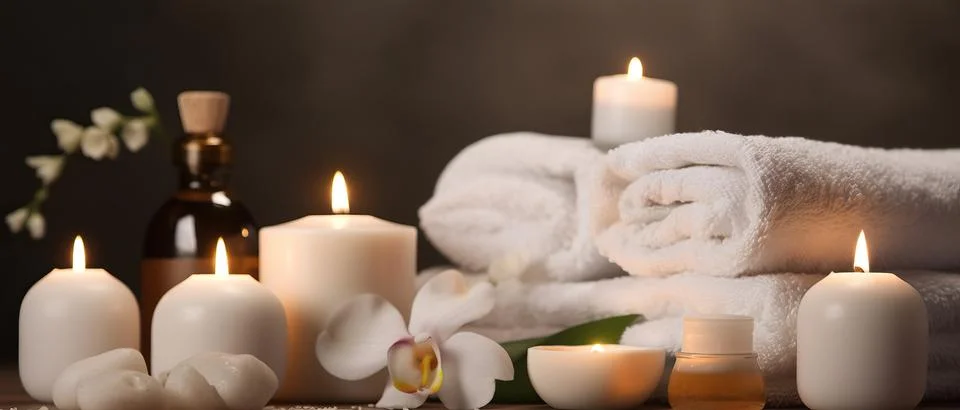 Spa composition on massage with Soft White Towels, Essential Oils, stones, .. Stock Photos