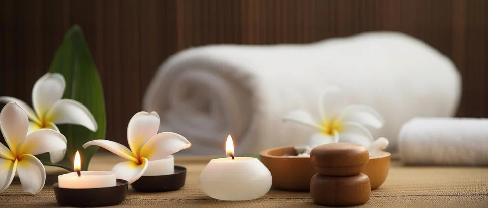 Spa composition on massage with Soft White Towels, Essential Oils, stones, .. Stock Photos