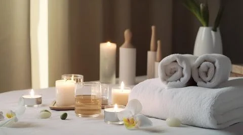 Spa composition on massage with Soft White Towels, Essential Oils, stones, .. Stock Photos